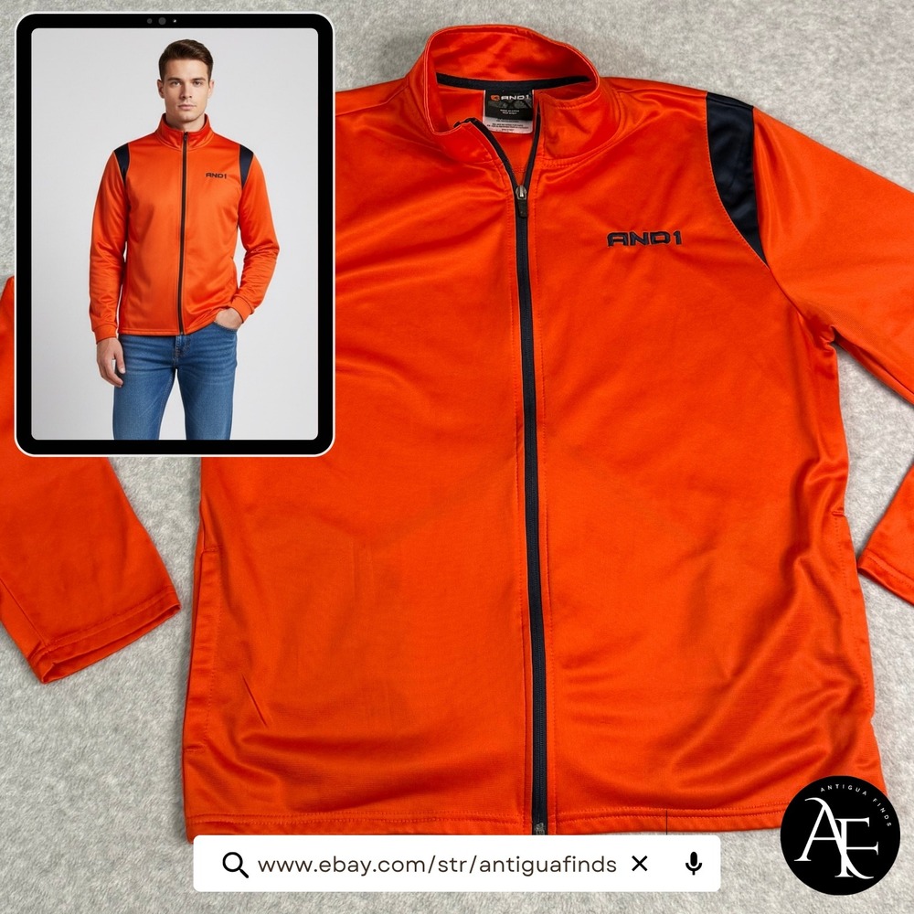 AND1‎ Mens Full Zip Track Jacket Orange Navy Blue Athletic Warm Up Large L